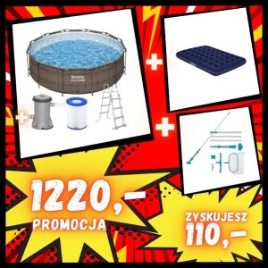 bestway 56709 basen ogrodowy stelażowy stelaż okrągły steel pro 366x100 cm + bestway 58831 zestaw czyszczący + bestway 67002 dmuchany materac