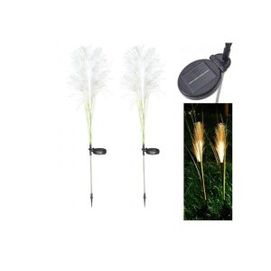 Zestaw dwóch wysokich lamp ogrodowych solarnych o wysokości 85cm z dekoracyjną trawą pampasową i panelem LED, wbijanych w ziemię do oświetlenia ścieżek i dekoracji ogrodu