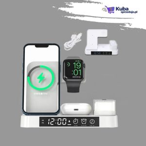 "Biała stacja ładowania indukcyjnego 4w1 z włączoną lampką nocną, na której ładuje się smartfon, słuchawki bezprzewodowe i smartwatch na drewnianej szafce nocnej"