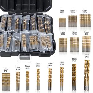 Profesjonalny zestaw 99 wierteł tytanowych uniwersalnych do metalu i drewna w rozmiarach od 1,5 mm do 10 mm, ułożonych w praktycznym organizer z oznaczeniami rozmiarów, zaprojektowanych do precyzyjnego wiercenia w różnych materiałach