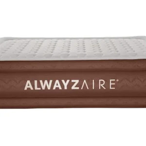 Brązowy materac dmuchany marki Bestway z welurową powierzchnią, wyposażony w wbudowany system pompowania, idealny do spania na kempingu, w domu dla gości lub na wypoczynku nad wodą.