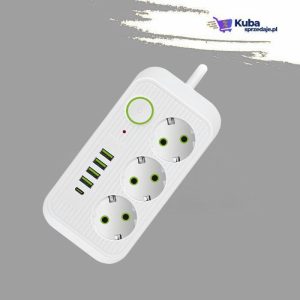 listwa zasilająca 2m z 3 gniazdami sieciowymi i 5 portami usb (4xusb a + 1xusb c) z włącznikiem i ochroną