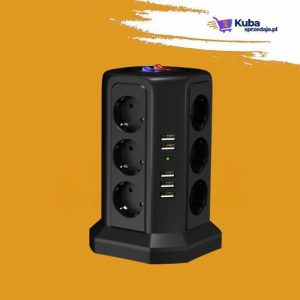 Stojąca listwa zasilająca z ochroną przeciwprzepięciową i odgromową, wyposażona w 12 gniazd elektrycznych i 5 portów USB z funkcją reset, w pionowej konstrukcji tower